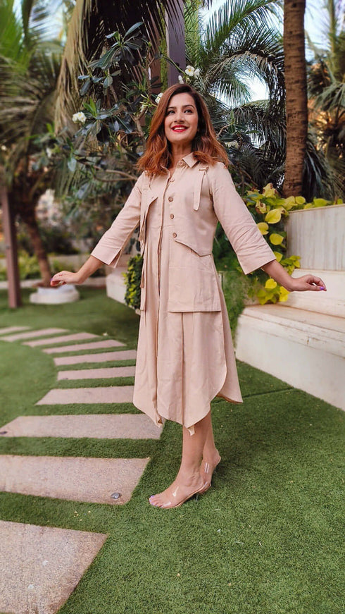 Beige Shirt Dress With Waist Coat